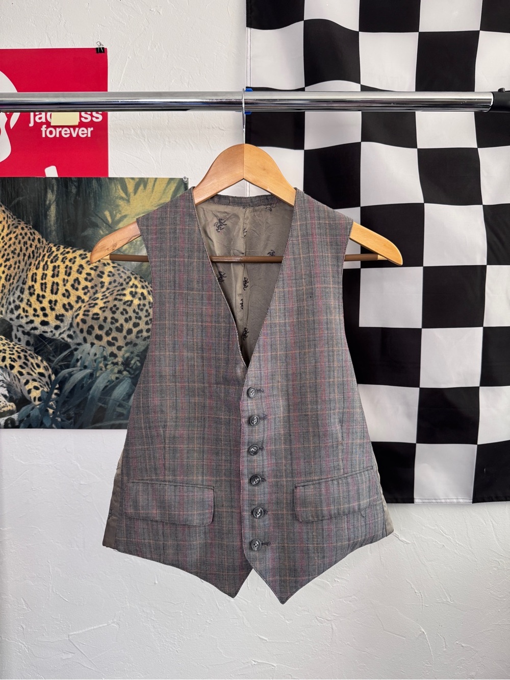 Vintage Gray & Pink Plaid Vest